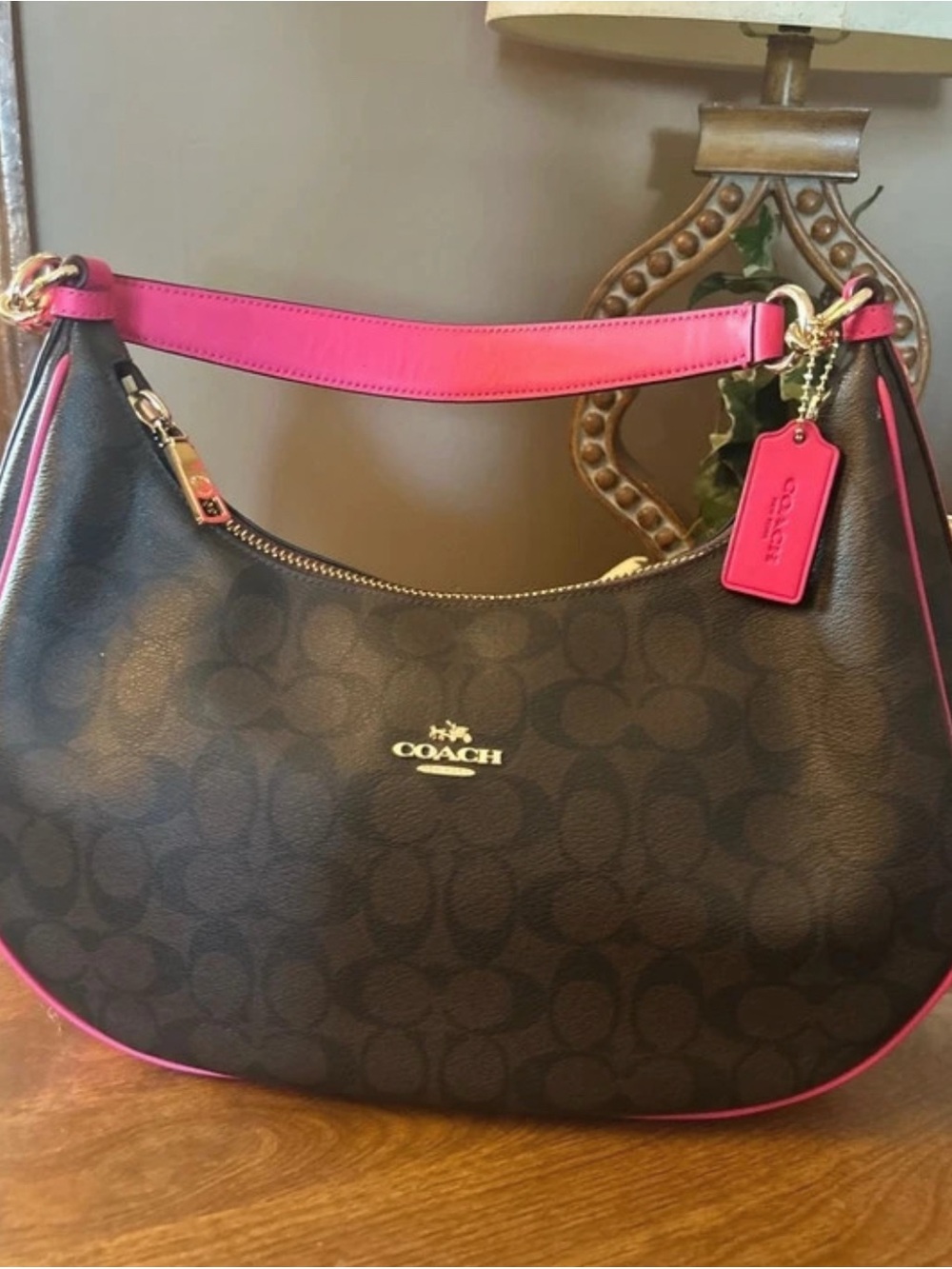 COACH Half Moon Signature PVC Leather Shoulder Bag Brown Pink